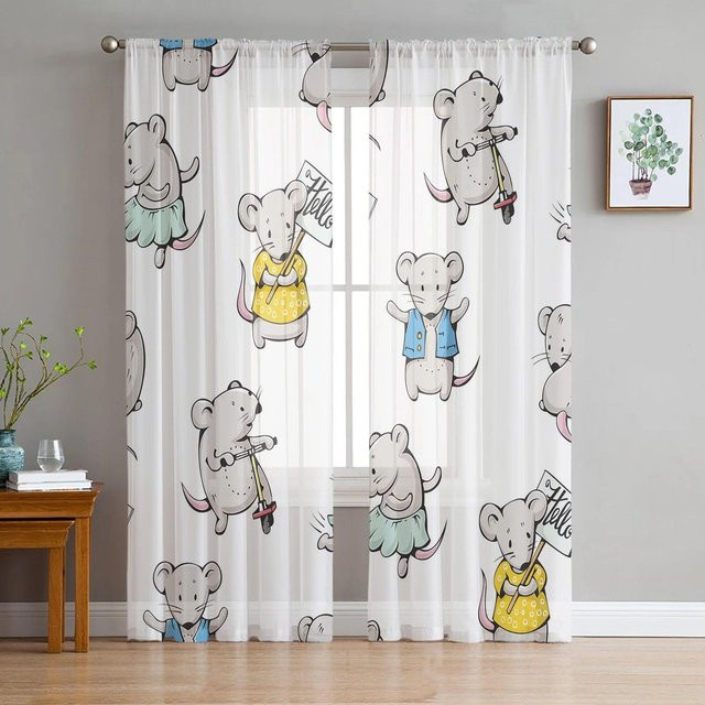 Transparentes Tüll-Vorhang mit Maus-Cartoon-Print von A Family Of Home Textiles, Farbe Weiß, B: 135 cm, H: 137 cm - Bild 1