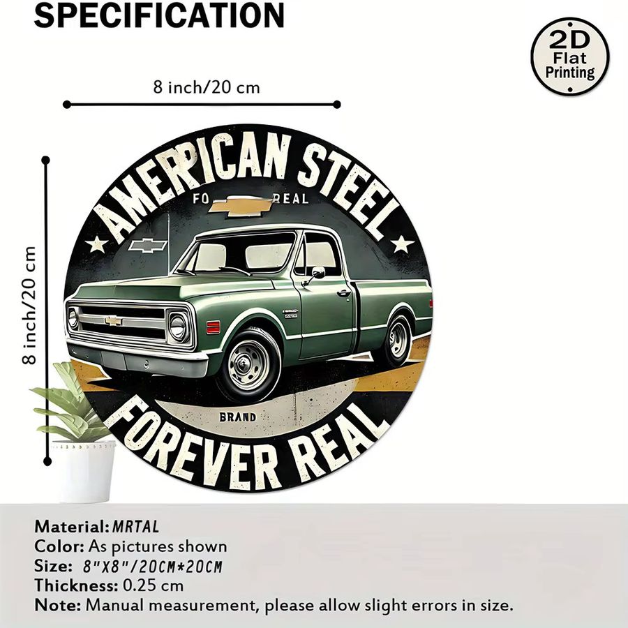 Vintage American Steel Metall-Wandkunst rund in Grün mit LKW-Motiv und Forever Real Slogan, Durchmesser: 20,32 cm - Bild 3