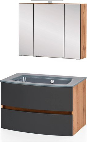 HELD MÖBEL Waschtisch-Set KOPENHAGEN in Grau, 4-teilig, modern und wandmontiert mit LED-Beleuchtung und Steckdose - Bild 1