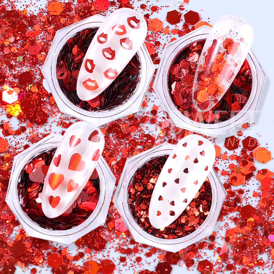 Sweet Trend Nail Art Glitzer, rote Herzflocken Pailletten, 4/12 Boxen - Bild 4