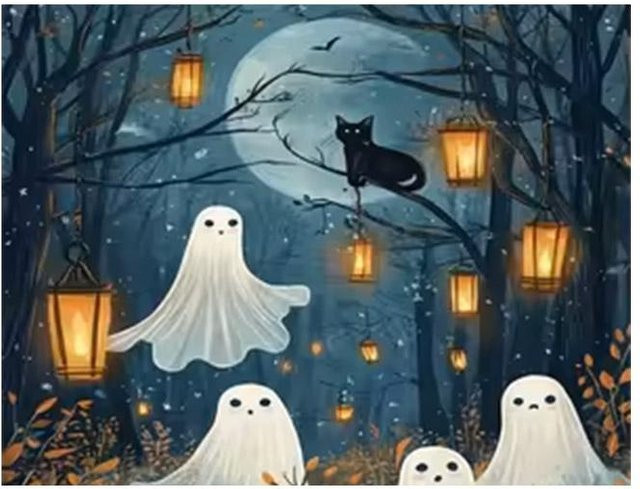 Geistergarten Halloween Wandteppich mit Geistern, Pilzen und Wildblumen, B/H: 40 x 60 cm, Mehrfarbig - Bild 1