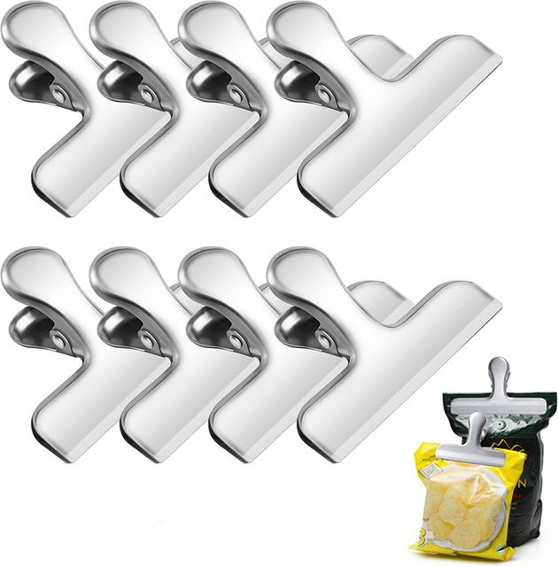 8 Stück Edelstahl Beutel-Clips in 4 Größen, silberne Clip-Verschlüsse für luftdichte Lebensmittelverpackungen und Snacks - Bild 1