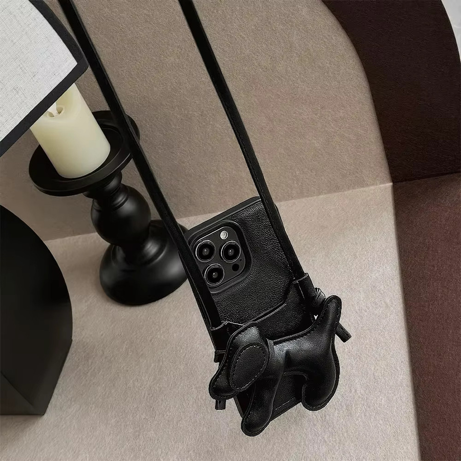 Potdemiel Luxuriöse Umhängetasche mit Lanyard-Halskette und Welpen-Kartenhalter aus Leder als stoßfeste Handyhülle für iPhone 11 bis iPhone 17 Pro Max in Schwarz - Bild 4