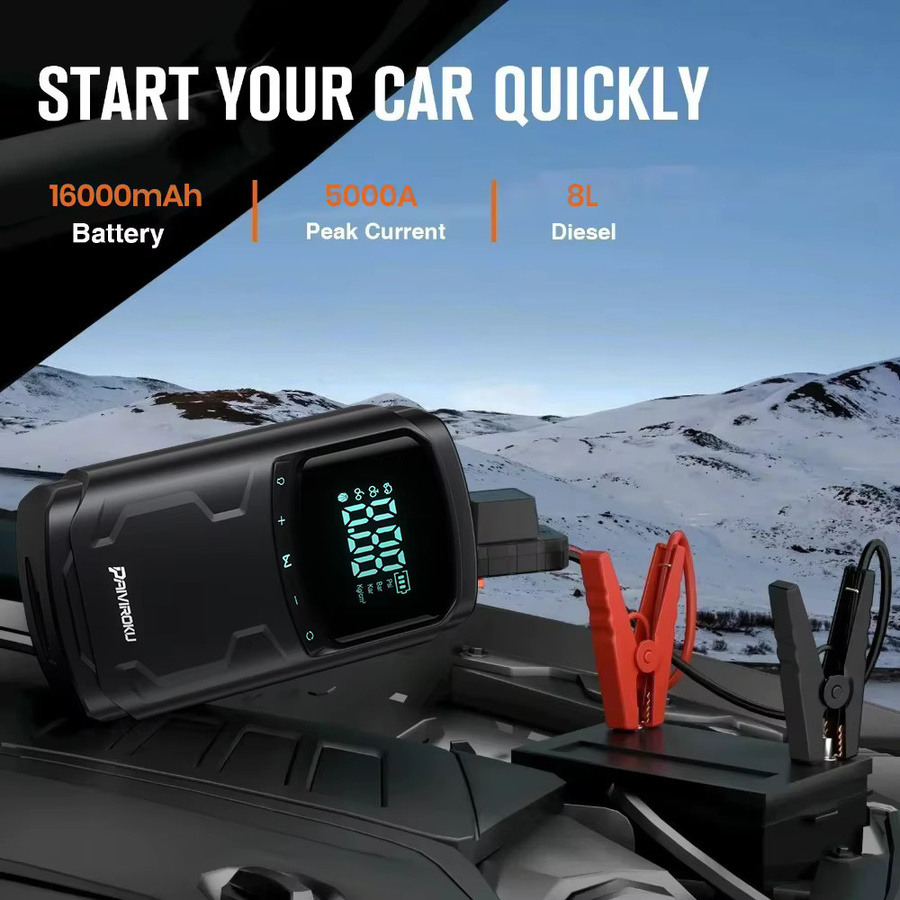 PAIVIROKU Auto Starthilfe mit Luftkompressor und Power Bank, 5000A Batterie Booster, 150PSI Reifenfüller und Beleuchtung, Schwarz - Bild 2