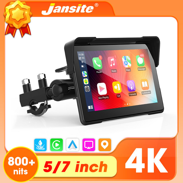 Jansite Motorrad Dashcam mit 4K/1080P DVR, GPS Navigation, Wireless CarPlay und Android Auto, inkl. TPMS, Farbe: Schwarz - Bild 1