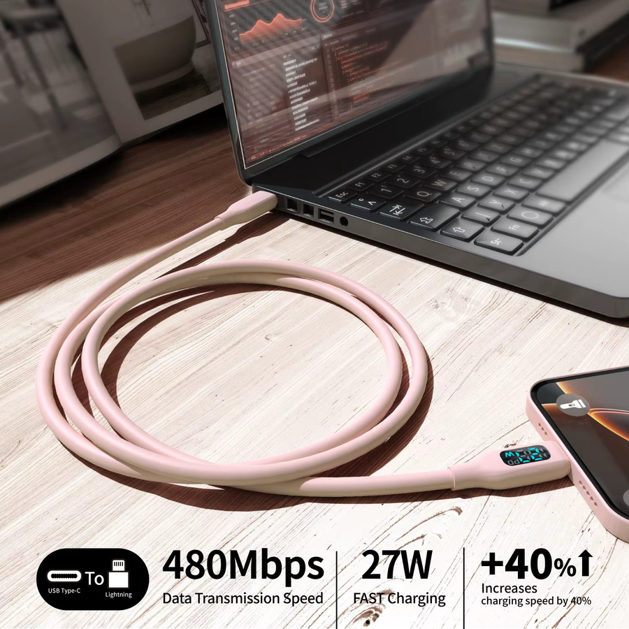 LAIHONEN MFi-zertifiziertes USB-C auf Lightning Schnellladekabel mit LED-Anzeige in Macaron-Rosa für iPhone 8-14 Pro Max, 27W - Bild 3