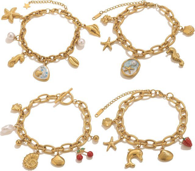 Jolivie Edelstahl-Armband, vergoldet, Seestern-Muschel-Anhänger, Damen - Bild 1