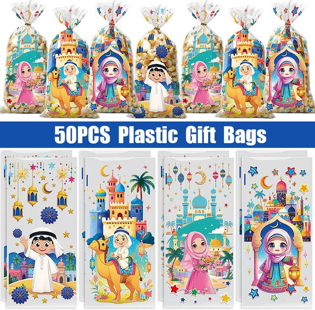 50 Stück ZQNYCY Muslimische Geschenkbeutel aus Kunststoff für Eid Mubarak und Ramadan, Mehrfarbig, Verpackung für Süßigkeiten und Gebäck - Bild 1