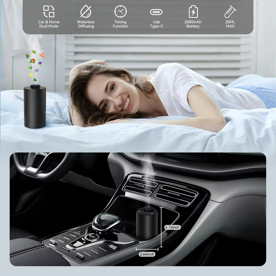PDQ Wasserloser Ultraschall-Aromadiffusor für ätherische Öle, batteriebetriebener Diffusor mit 3 einstellbaren Nebelstufen, Schwarz - Bild 5