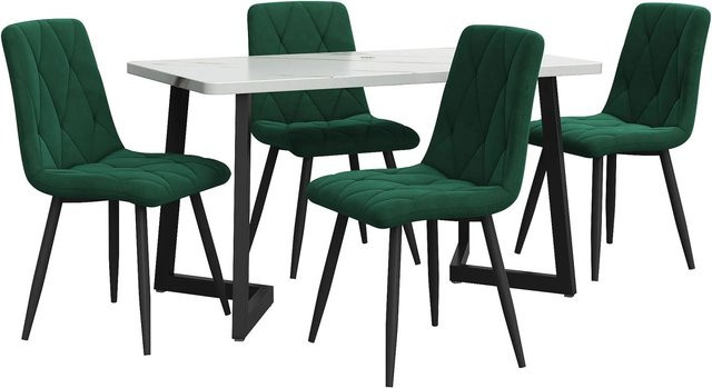 Merax Essgruppe 5-teilig mit Esstisch und 4 Samtstühlen in Dunkelgrün, Tischgröße: B: 117 cm, T: 68 cm, H: 75 cm - Bild 1