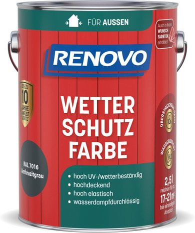 RENOVO Wetterschutzfarbe für Holz, wasserbasiert, Anthrazitgrau RAL 7016, seidenglänzend, 2,5 l - Bild 1