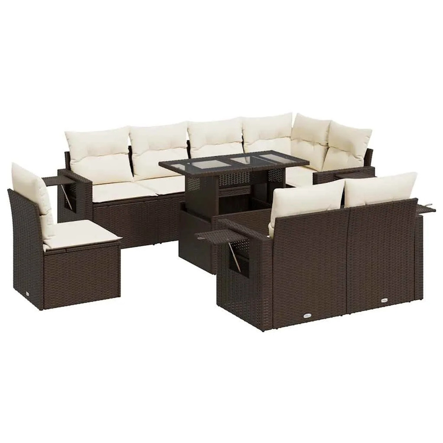 vidaXL 9-teilige Garten-Sofagarnitur in L-Form aus braunem Poly-Rattan mit cremeweißen Kissen und pulverbeschichtetem Stahlgestell - Bild 2