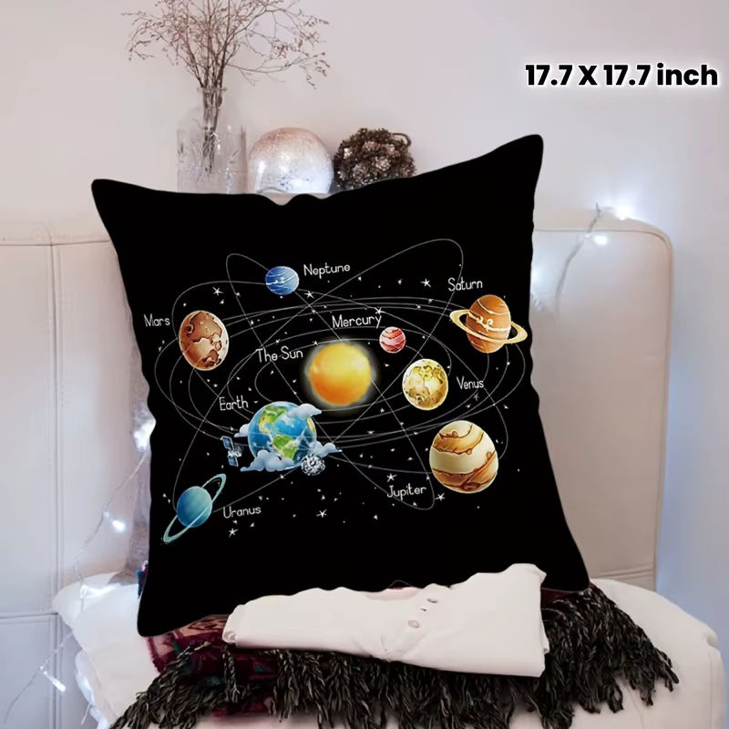 VIKAMA Planeten-Kissenbezug mit Sonnensystem-Motiv und Sternenhimmel in Schwarz, B/B: 30 x 30 cm - Bild 2