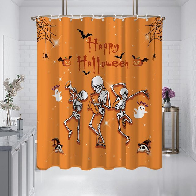 Duschvorhang mit Halloween Totenkopf-Print von Household supplies MH, orange, wasserdicht und schimmelresistent, B/H: 180 x 180 cm - Bild 1