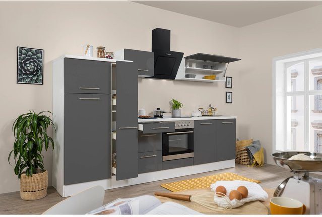 Respekta Premium Küchenzeile modern in Grau Hochglanz und Weiß mit Soft-Close-Türen und internen Schubladen, Breite: 300 cm - Bild 1