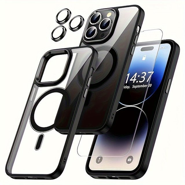 Schwarze 3 in 1 Magnet-Handyhülle mit Displayschutzfolie und stoßfestem Gehäuse für iPhone 15, 14, 13, 12 und 11 - Bild 1