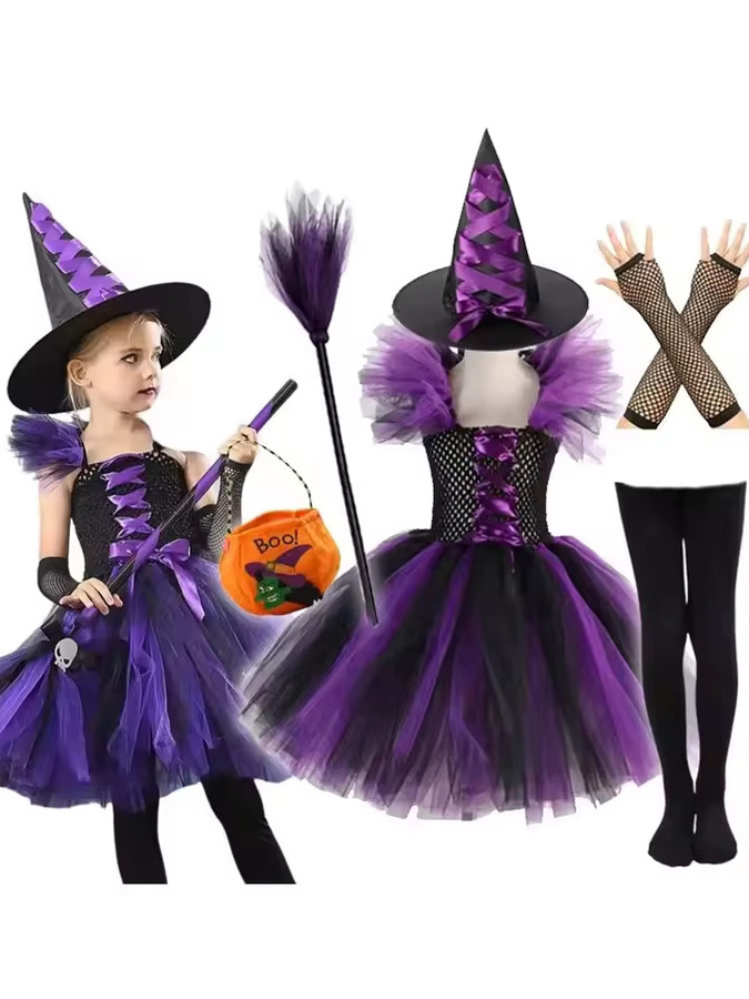 SistersLiu Halloween Lila Hexe Mädchen Kostüm Tutu Kleid mit Hut, ab 2 Jahre - Bild 3