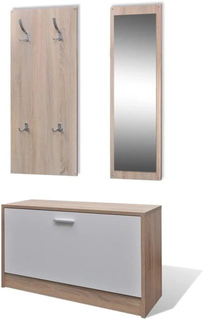 vidaXL Garderoben Flur 3-in-1 Set aus Schuhschrank, Spiegel und Garderobenpaneel in Eiche, Mehrfarbig - Bild 1