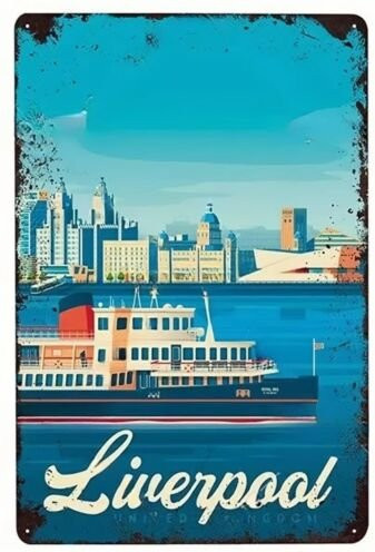 MINISO Blechschild Ferry Skyline River Mersey Wandkunst im Vintage-Stil, Blau, Rechteckig - Bild 1