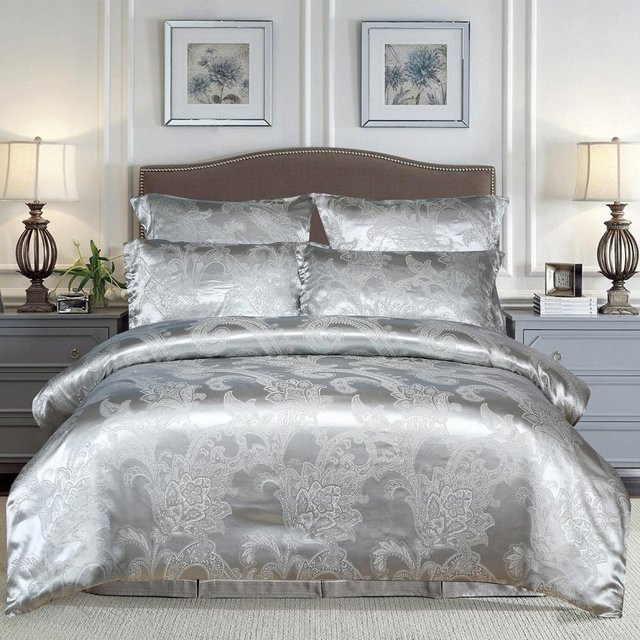 Dreiteiliges Jacquard-Bettwäsche-Set mit floralem Design in Silber, bestehend aus Bettbezug und Kissenbezügen aus Mikrofaser, B/H: 210 x 210 cm - Bild 1