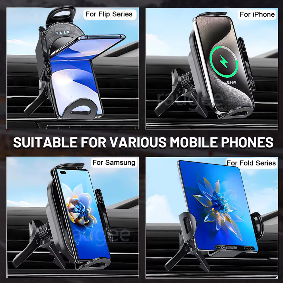 Hacrin Drahtloses Auto-Ladegerät für iPhone und Samsung Galaxy Z Flip, Handyhalterung für die Lüftung, Schwarz - Bild 2