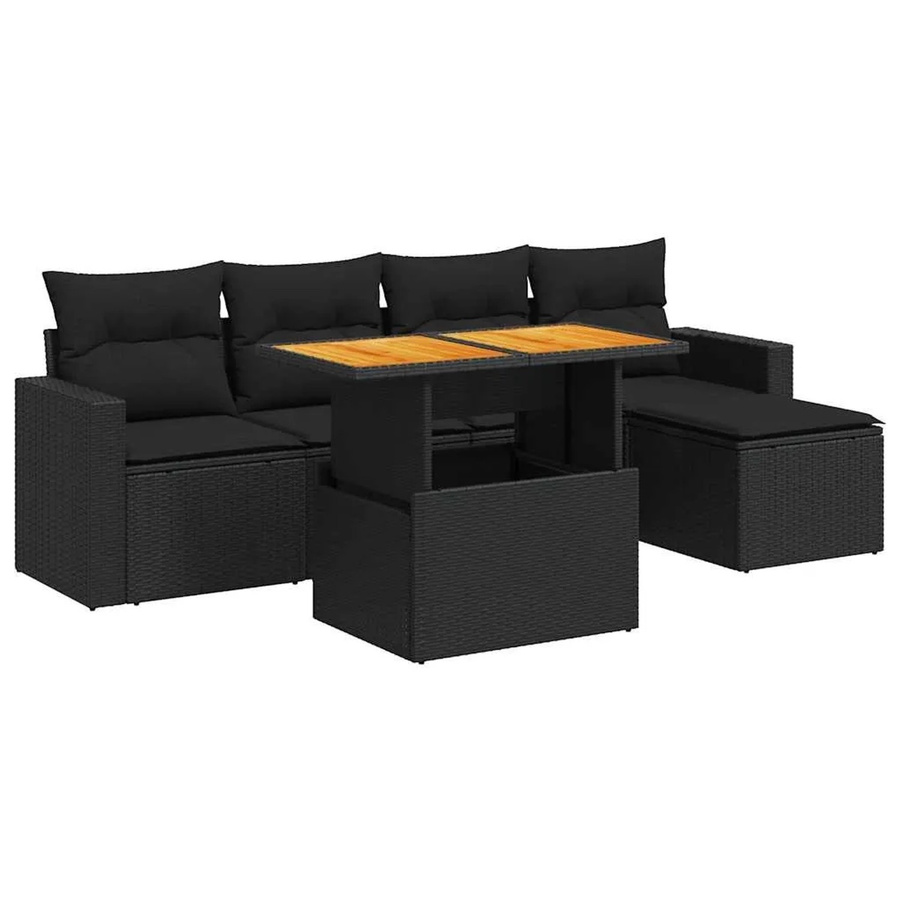 vidaXL 6-teilige Garten-Sofagarnitur aus Poly-Rattan und Akazienholz in Schwarz mit Kissen - Bild 2