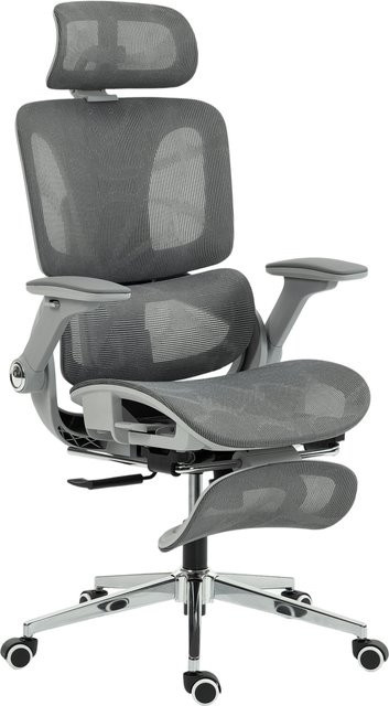 HOMCOM Ergonomischer Bürostuhl in Grau mit Mesh-Rücken, 4D klappbaren Armlehnen, verstellbarer Kopfstütze, Lendenstütze, Sitztiefe und Fußstütze - Bild 1
