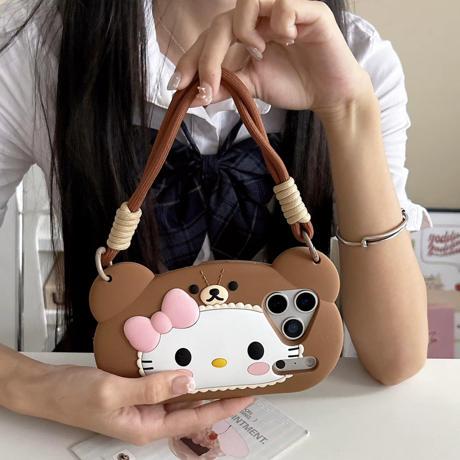 Kawaii 3D Bär Hello Kitty Handyhülle für iPhone 17 16 15 14 13 12 Pro Max Plus 16e 17 Pro mit Lanyard in Braun - Bild 2