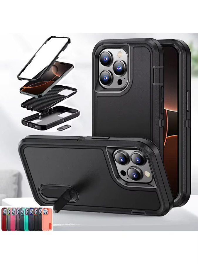 OLPAY 3-in-1 Stoßfeste Panzerhülle mit Ständer für iPhone 12 bis iPhone 17 Pro Max Plus in Schwarz und Pink - Bild 7
