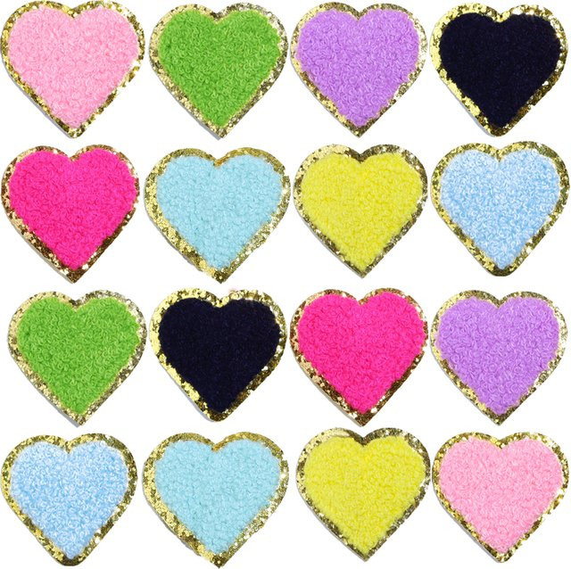 5er Set herzförmige Chenille-Aufnäher mit Goldrand, bestickte Applikationen zum Aufbügeln für Kleidung und DIY-Nähprojekte, Farben: Gold, Schwarz und Multicolour, Durchmesser: 5 cm - Bild 1