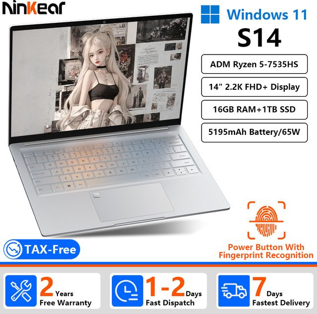 Ninkear S14 Laptop Silber mit AMD Ryzen 5 7535HS, 14 Zoll 2.2K 100% sRGB Display, 16GB DDR4, 1TB SSD, Windows 11 Pro, Wi-Fi 6 und Bluetooth 5.2 - Bild 1
