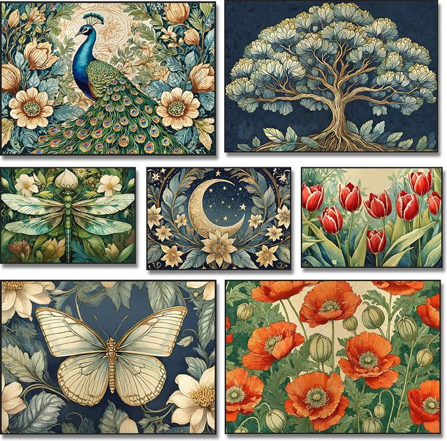 Potdemiel William Morris Schmetterling und Pflanzen Wandkunst Retro Leinwandbild in Beige und Multicolour - Bild 1