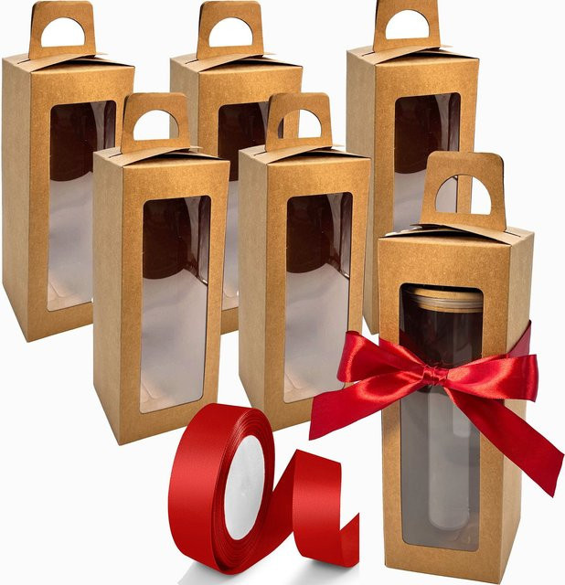 5er Set Kraftpapier Geschenkboxen in Braun mit 24 Yard Geschenkband für Tumbler und Glasbehälter - Bild 1