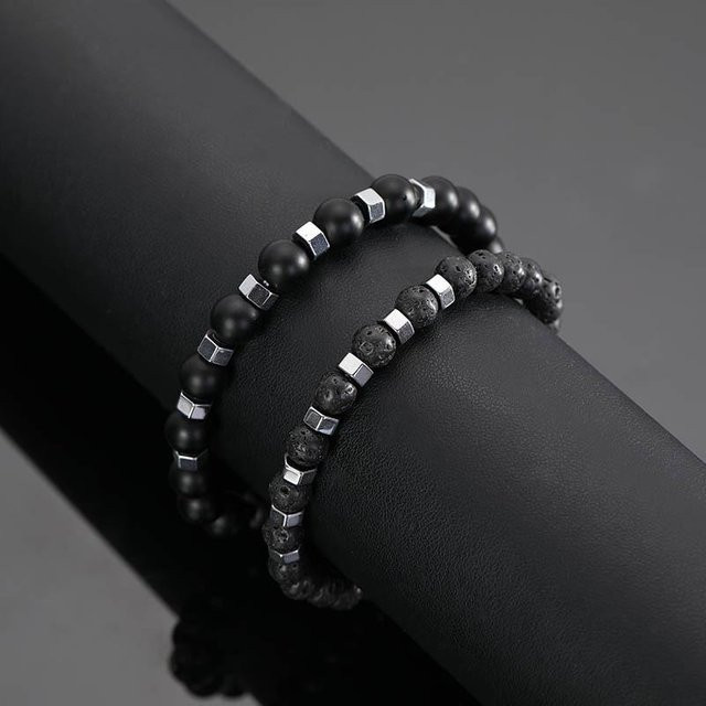 Yiran bag Armband Set, Perlenarmbänder, Vulkangestein, Schwarz, Herren - Bild 1