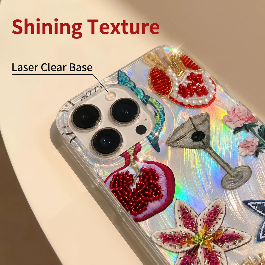 Handyhülle mit Granatapfelblüten-Druck im Vintage-Stickerei-Stil für Apple iPhone 11 bis 17 Pro Max, stoßfest und weich, Multicolor - Bild 2