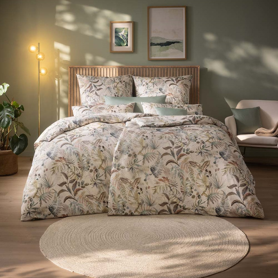 Estella Mako-Satin Bettwäsche Alea in Puder Blätter Salbei Grün mit Bettbezug und Kissenbezug, B/H: 135 x 200 cm und 80 x 80 cm - Bild 1