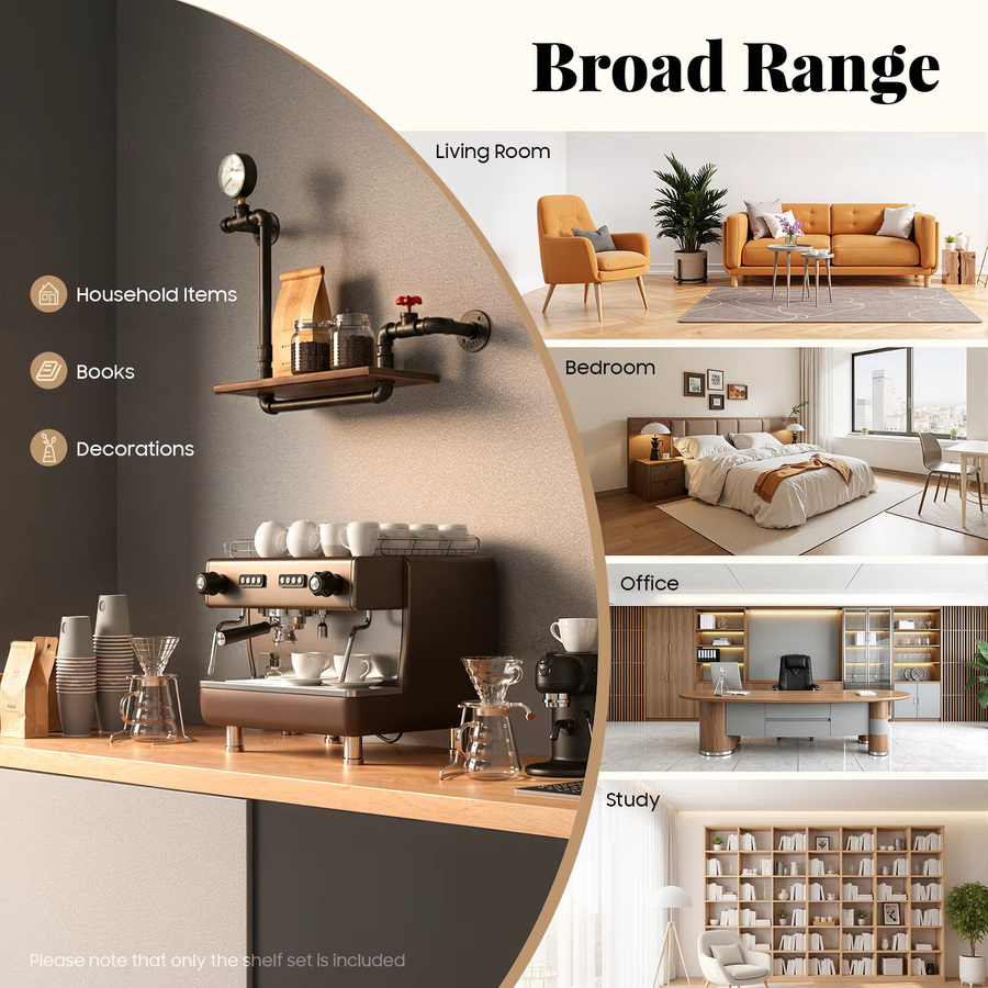 Bymaocar Industrielles Wandregal aus Holz und Rohr in Schwarz mit 25kg Tragkraft für Küche, Badezimmer oder Wohnzimmer - Bild 6
