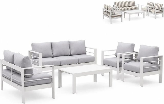 MeXo Gartenmöbel Set für 7 Personen aus pulverbeschichtetem Aluminium in Weiß mit gestreiften Polsterkissen in Beige und Khaki - Bild 1