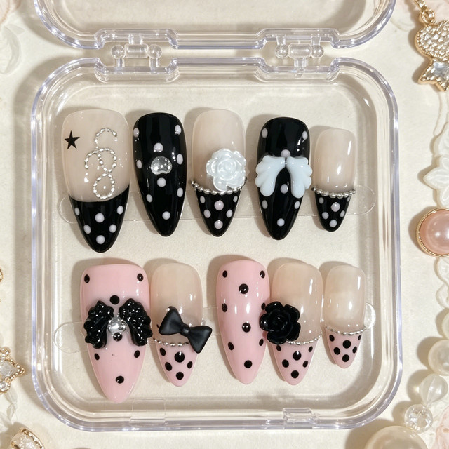 Künstliche Nägel, mandelförmig, schwarz, rosa, glänzend, Damen - Bild 1
