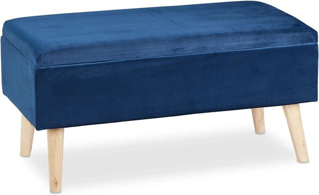 Relaxdays Sitzbank aus Samt und Eukalyptusholz in Dunkelblau mit Stauraum, B/T/H: 80 x 40 x 41 cm - Bild 1