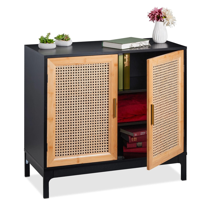 Relaxdays Sideboard aus MDF und Bambus mit Rattan-Geflecht in Schwarz und Natur mit Gold-Akzenten, B/H/T: 76 x 80 x 39 cm - Bild 2