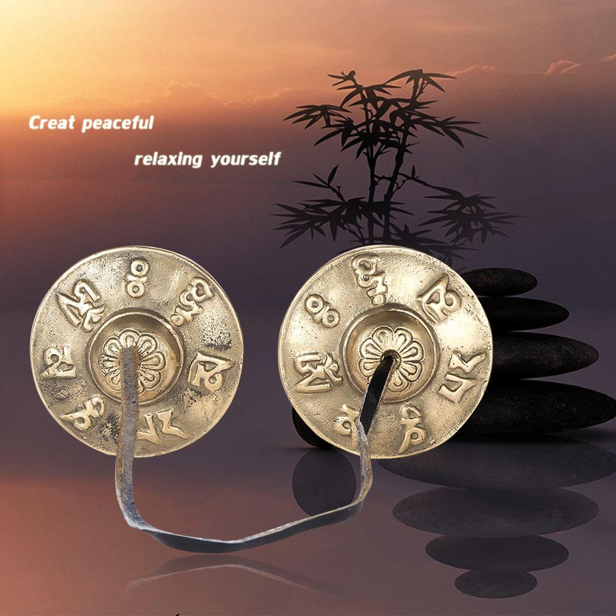 Koogeelife Tibetische Meditations-Tingsha-Beckenglocke aus Metall in Gold mit buddhistischen Glückssymbolen, Durchmesser: 6,5 cm - Bild 5