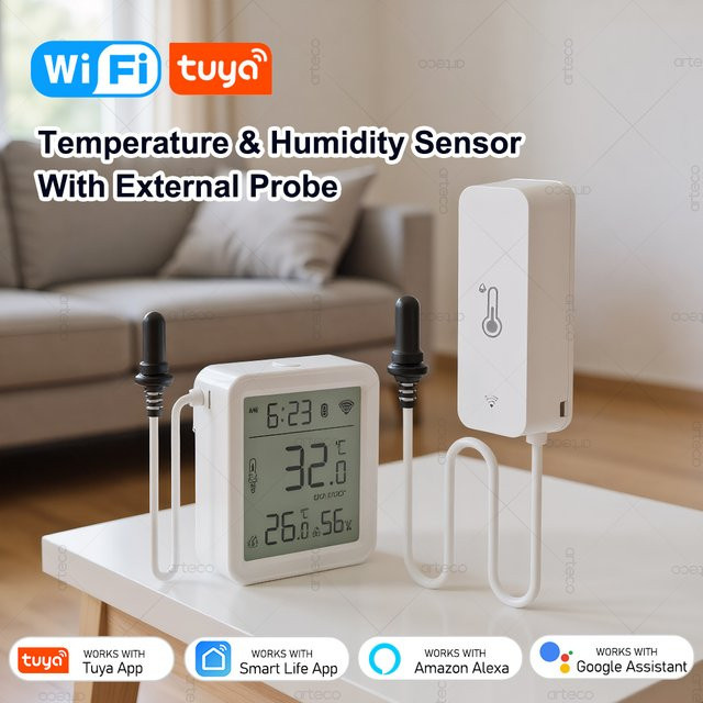 Tuya WiFi Temperatur- und Feuchtigkeitssensor mit externer Sonde in Weiß, Hygrometer mit App-Überwachung, kompatibel mit Smart Life, Alexa und Google Home - Bild 1