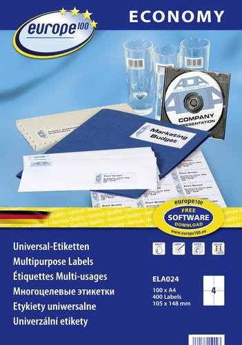 Europe 100 ELA024 Universal-Etiketten Weiß, 400 Stück, Permanent haftend, A6, Breite: 10,5 cm, Höhe: 14,85 cm, für Tintenstrahl- und Laserdrucker - Bild 1