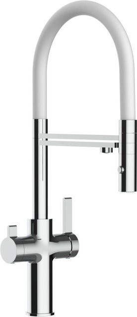 VIZIO Küchenarmatur mit 3-Wege-Wasserhahn, 360° schwenkbarer Auslauf und abnehmbarer 2-Strahl Handbrause, Verchromt, Weiß - Bild 1