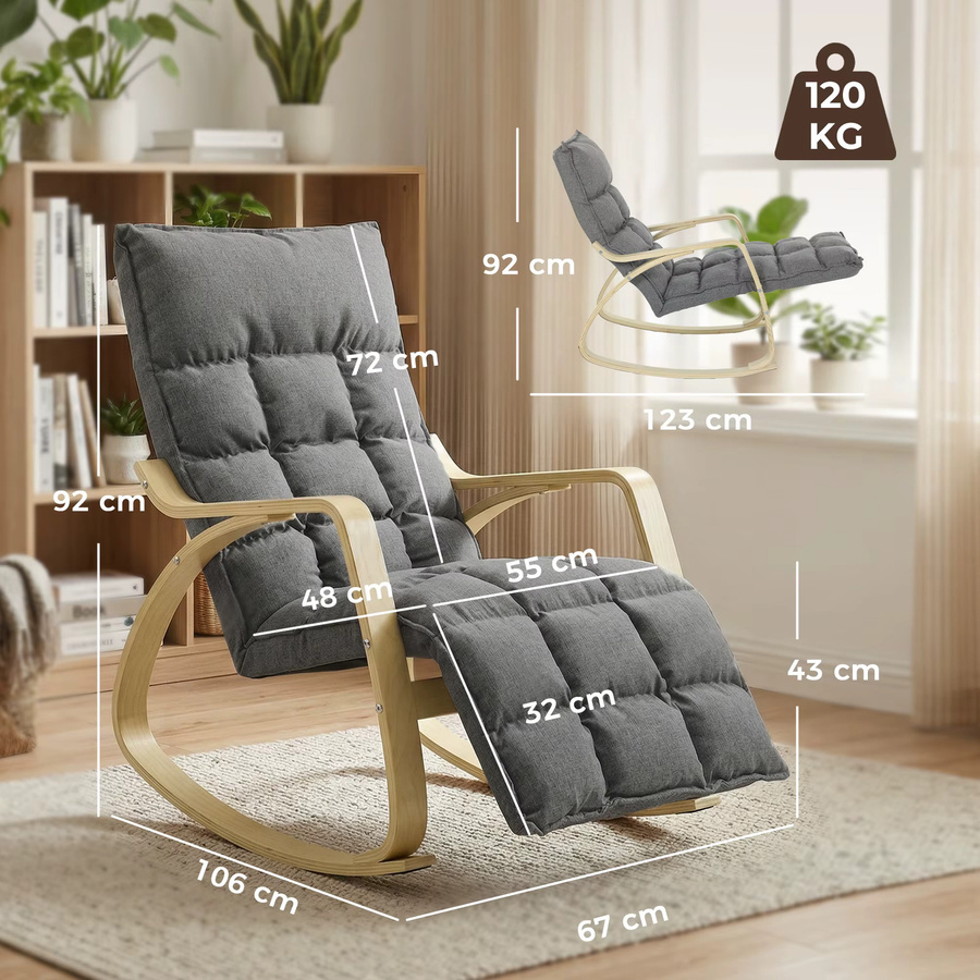 HOMCOM Schaukelstuhl mit 5-fach verstellbarer Fußstütze und hoher Rückenlehne, Relaxsessel in Leinenoptik für Wohnzimmer und Schlafzimmer, Grau - Bild 2