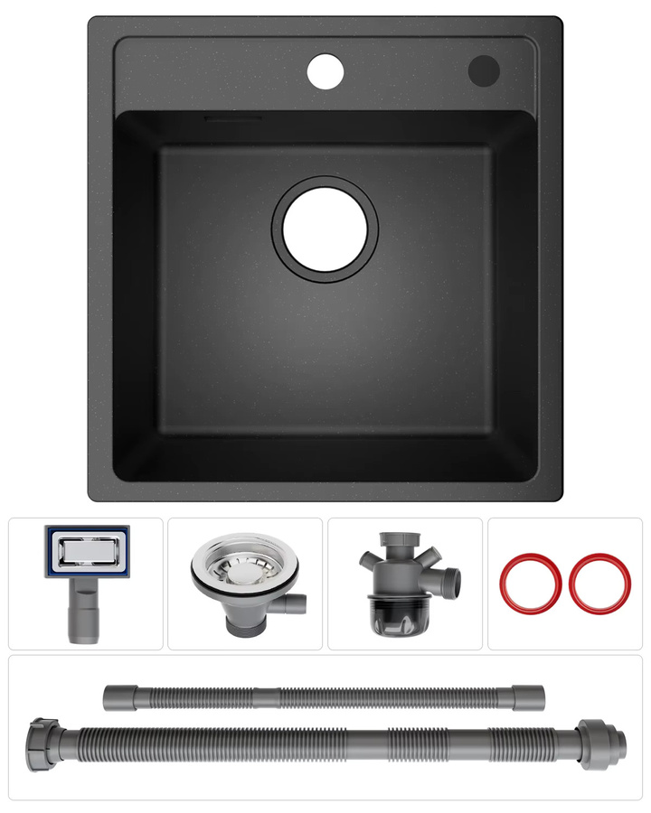 CECIPA max Einbauspüle aus Quarzkomposit Stein in Schwarz, B/T: 45 x 46 cm, inklusive Siphon und Abflussgarnitur - Bild 4