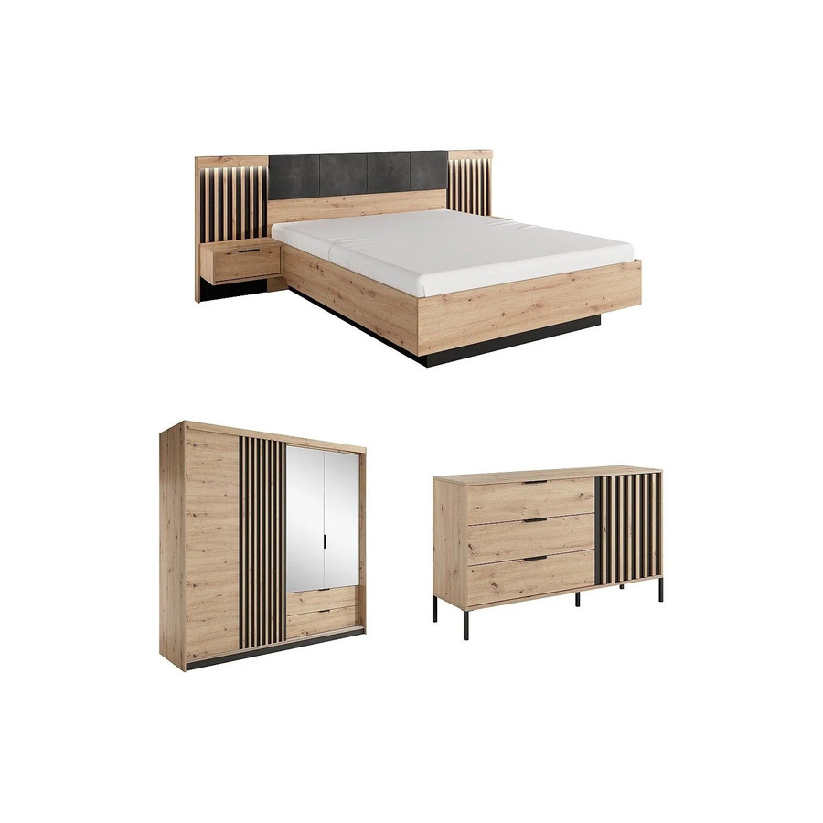 Vente-unique Schlafzimmer-Komplettset Ariada in Schwarz und Beige mit Bettgestell, Nachttisch, Kommode und Kleiderschrank im modernen Design - Bild 2