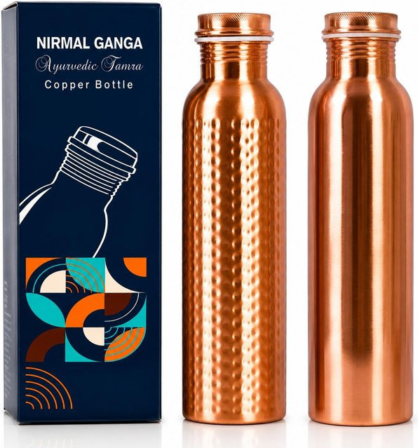 Nirmal Ganga Kupferflaschen-Kombiset in Braun, 2 x 1 Liter, Gehämmert und Glatt, Reines Kupfer - Bild 1