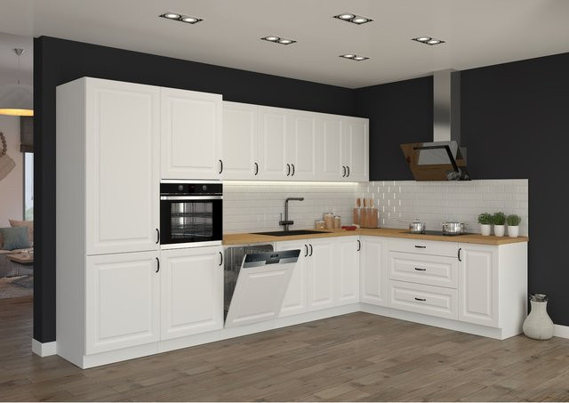 Landhaus Küche Stilo in Weiß, Eckküche im Landhausstil als Einbauküche mit matten Schranktüren, B/T/H: 350 x 210 cm - Bild 1